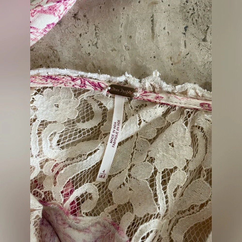 FREE PEOPLE Lucie Mini in Pink Combo Tie Back Dress w/ Lace - Picture 7 of 11